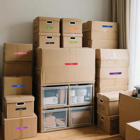 Stacked boxes labeled with Rainbow Masking Tape Set With Twelve Rolls Of Colorful Painter Tape One Inch By Seven Hundred Twenty Feet Each