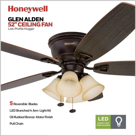 Glen Alden 52 Inch Indoor LED Ceiling Fan With Light Flush Mount Ceiling Fan With Pull Chain Quick 2 Hang Installation