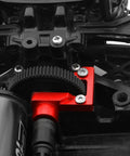 Ultra Lightweight Aluminum Gear Cover For One Tenth Scale RC Car TT02, red, installed on gearbox for clear gear visibility upgrade