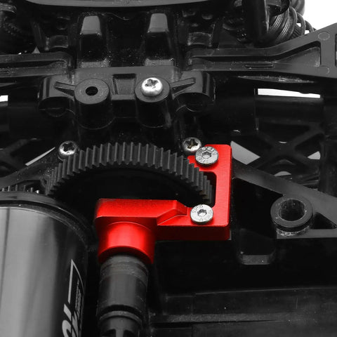 Ultra Lightweight Aluminum Gear Cover For One Tenth Scale RC Car TT02, red, installed on gearbox for clear gear visibility upgrade
