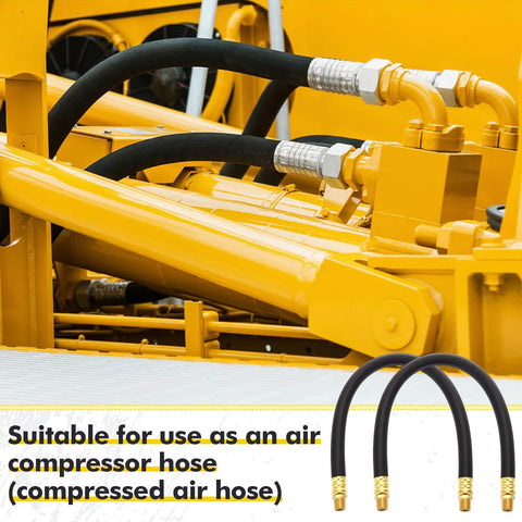 Solid Brass Short Air Compressor Hose Two Pack 18 Inch With One Quarter Inch Male NPT Threads visible on machinery.