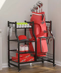 All In One Golf Gear Organizer With Wheels For Garage Storage Golf Bag Stand And Equipment Rack Three Tier Shelves