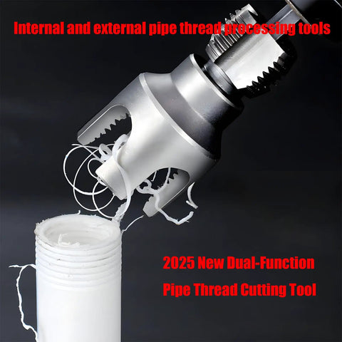Dual Function Pipe Thread Cutter And Threader Kit for Home Use cutting threads on a PVC pipe with spiral shavings visible.