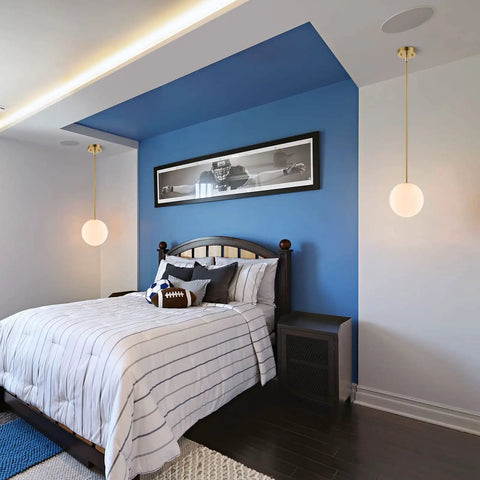 Bedroom with two Dope Modern Globe Pendant Light 1 Light Mid Century Chandelier With Large White Glass Shade And Brushed Brass Finish.