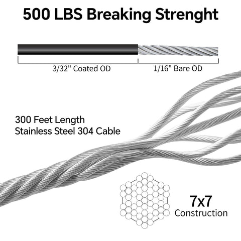 Backyard String Light Hanging Kit with 300 Feet Nylon Coated Stainless Steel Wire Rope Cable showing cable thickness and strength