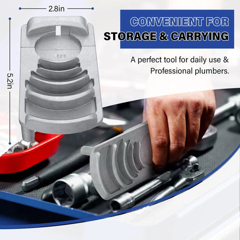 Front view of gray PVC pipe deburring tool with six-size reamer (1¼"–4"), sharp blade.