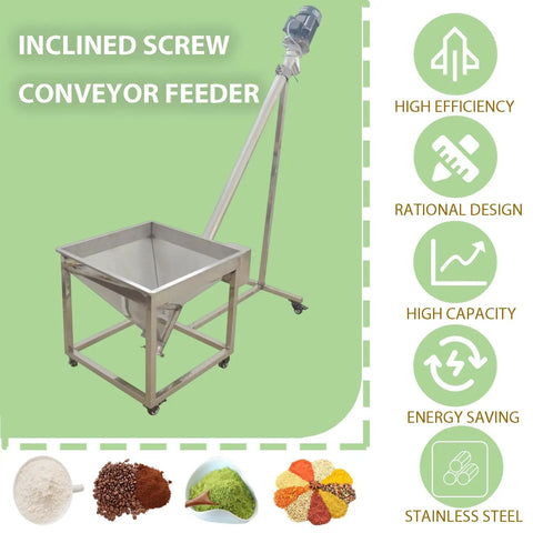 Heavy Duty Incline Auger Screw Conveyor For Industrial Feeding, Stainless Steel Spiral Hopper Powder Feeder 750W, 220V 1PH image