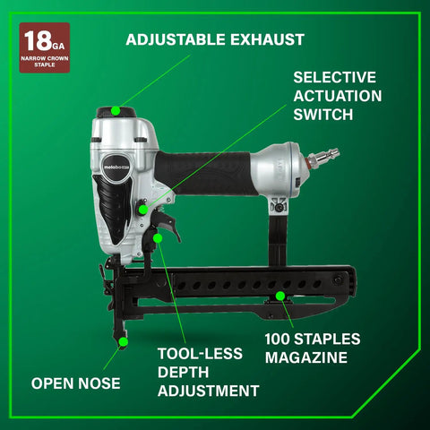 Narrow Crown Finish Stapler For Finishing And Cabinetry, 18 Gauge Pneumatic Nail Gun, showing adjustable exhaust and tool-less depth adjustment