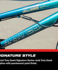 Close-up of teal frame, Tony Hawk 720 20 Inch BMX Bike Built For Speed And Durability, perfect for tricks, sturdy steel frame.