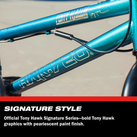 Close-up of teal frame, Tony Hawk 720 20 Inch BMX Bike Built For Speed And Durability, perfect for tricks, sturdy steel frame.
