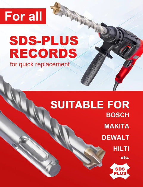 Close-up of SDS Plus drill bit installed in a rotary hammer, showing tungsten carbide tip and spiral design.