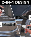 2-in-1 black car touch up paint kit in use on scratched vehicle with pen and brush design.