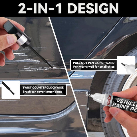 2-in-1 black car touch up paint kit in use on scratched vehicle with pen and brush design.