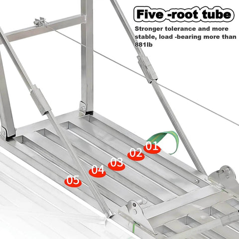 Close-up of Heavy Duty Foldable Scaffold Ladder With Sure Footing Steps Adjustable Height Work Platform Tower, showing durable five-root tube design.