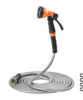 Stainless Steel Garden Hose 50 Ft With 10 Function Spray Nozzle, Built Tough Heavy Duty Flexible Water Hose, coiled with washers.
