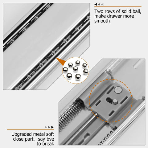 Close-up of Six Pairs 22 Inch Soft Close Drawer Slides For Dressers, Heavy Duty Full Extension Cabinet Slides With Metal Ball Bearings