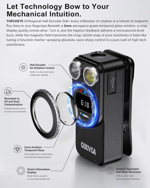 Solid Build Clip On Flashlight Featuring Straight Shooting Laser Distance Meter And Dope White Red Beams USB C Rechargeable with digital display and blue backlight.