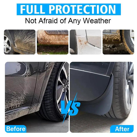 Custom Fit Splash Shields For Tesla Model Y 2020 To 2024 Set Of Four Heavy Duty Rubber Mud Flaps comparison before and after installation.