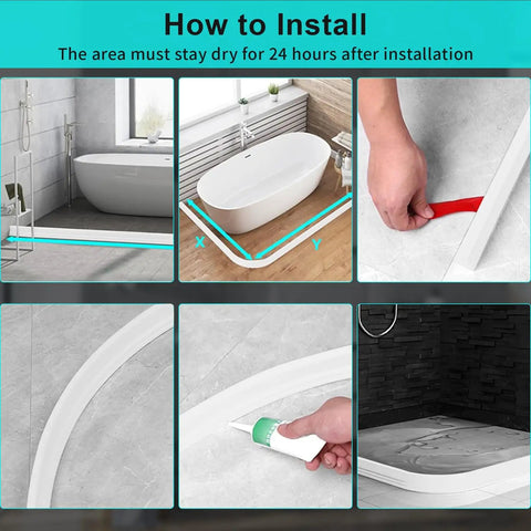 Collapsible Shower Threshold Water Dam Barrier For Curbless Showers, Flexible Silicone Water Stopper installing process shown