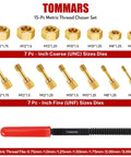 TomMars 15‑pc metric thread chaser set, front view showing gold M6–M12 dies and red-handled thread file