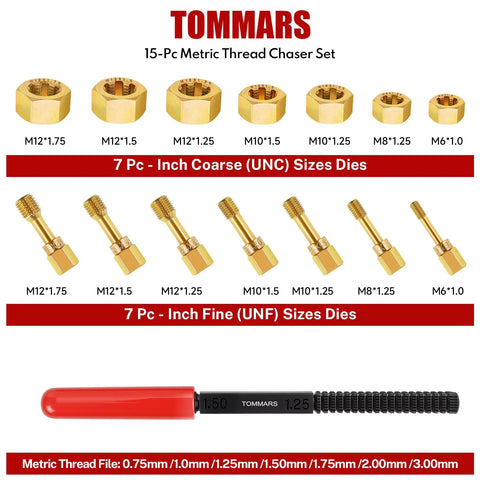 TomMars 15‑pc metric thread chaser set, front view showing gold M6–M12 dies and red-handled thread file