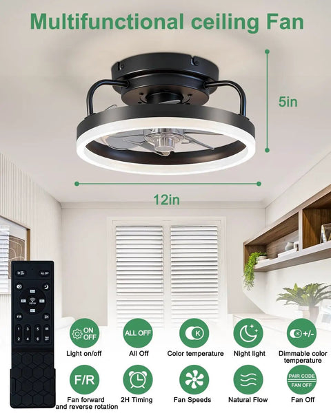 Low Profile 12 Inch Black Ceiling Fan With Lights Flush Mount Bladeless Fandelier For Bedroom And Small Spaces Remote Control With App Compatibility Sleek Modern Design That Keeps It Cool