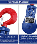 2 Ton Snatch Block With Hook Heavy Duty Pulley For Winches And Tow Rigs, Rugged 3 Inch Sheave, 3/8 Inch Wire, Shackle End Fittings, Converts Load Direction Up To 4400 Lb, Perfect For Off Road Recovery, red hook and blue pulley close-up