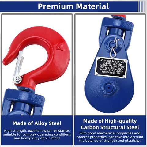 2 Ton Snatch Block With Hook Heavy Duty Pulley For Winches And Tow Rigs, Rugged 3 Inch Sheave, 3/8 Inch Wire, Shackle End Fittings, Converts Load Direction Up To 4400 Lb, Perfect For Off Road Recovery, red hook and blue pulley close-up