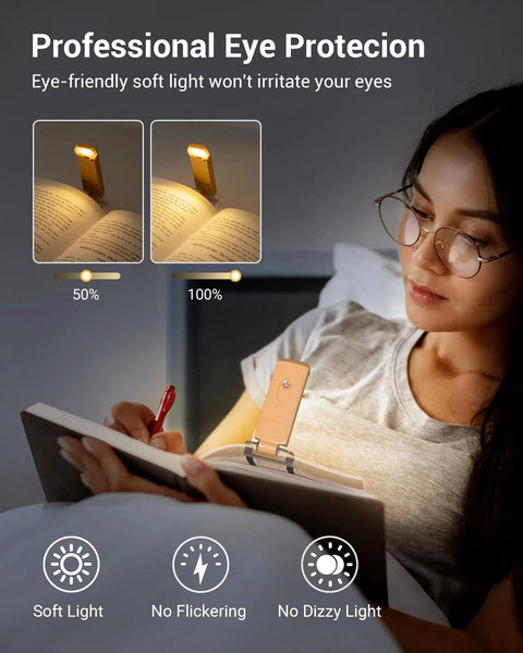 Woman using USB Rechargeable Clip On Reading Light with Amber and Warm White Modes, eye-friendly dimmer, on a book
