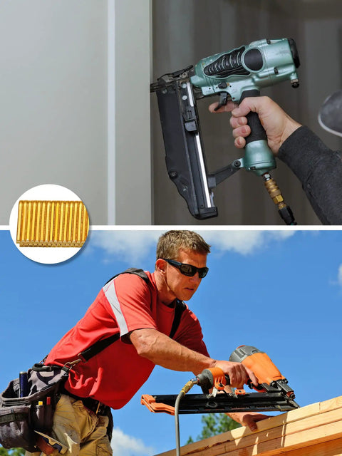 Pro Level 18 Gauge Narrow Crown Staples 7500 Count 1/2 X 1/4 Inch Gold Galvanized U Fasteners for pneumatic stapler in use.