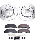PowerStop front brake kit with drilled/slotted rotors and ceramic pads; includes two rotors, four pads, and hardware.