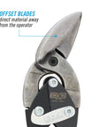 Close-up of Left Cut Offset Aviation Snips 10 Inch Workhorse with heavy duty CR steel body, offset blades, and molybdenum inserts