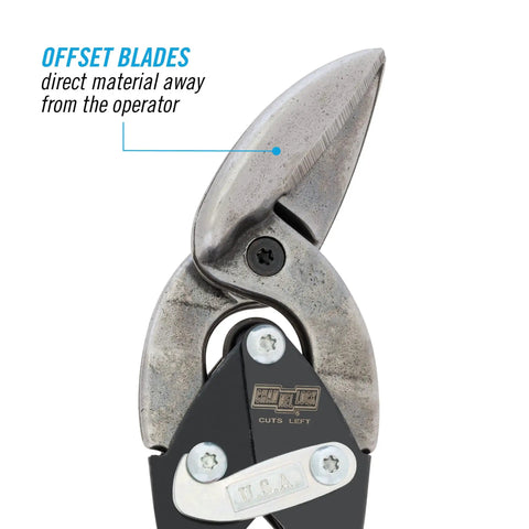 Close-up of Left Cut Offset Aviation Snips 10 Inch Workhorse with heavy duty CR steel body, offset blades, and molybdenum inserts