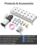 Components of Six Port Pneumatic Solenoid Valve 4V210-08 AC 24V 2 Position 5 Way with base, mufflers, and quick fittings