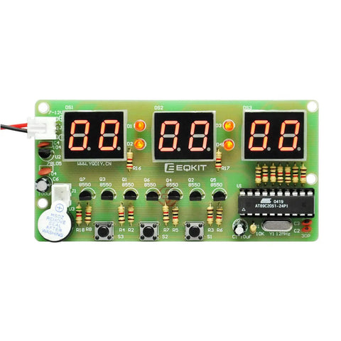 Six Digit LED Digital Clock DIY Kit For Arduino Projects, board showing AT89C2051 MCU, buttons, and LED display on FR4 PCB