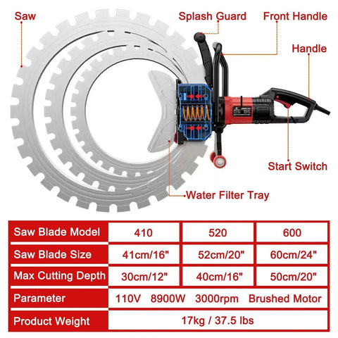 Built like a Tank Electric Ring Saw 110V 8900W Concrete Wall Cutter with diamond blade, handle, and water filter tray.