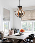 Four Light Farmhouse Pendant Lighting Featuring Rustic Faux Wood Chandelier Details And Sleek Flush Mount Fixture For Kitchen Island Dining Room above dining table.