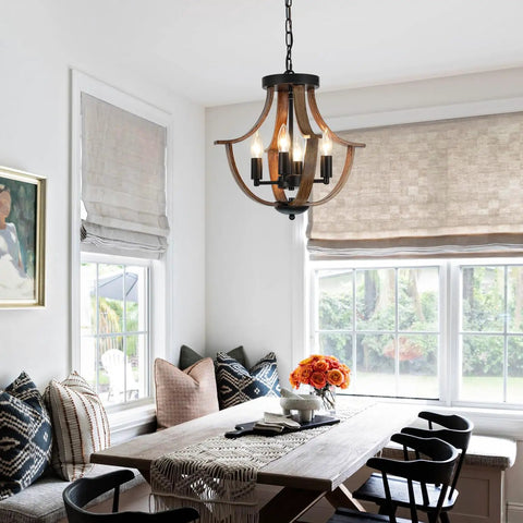Four Light Farmhouse Pendant Lighting Featuring Rustic Faux Wood Chandelier Details And Sleek Flush Mount Fixture For Kitchen Island Dining Room above dining table.