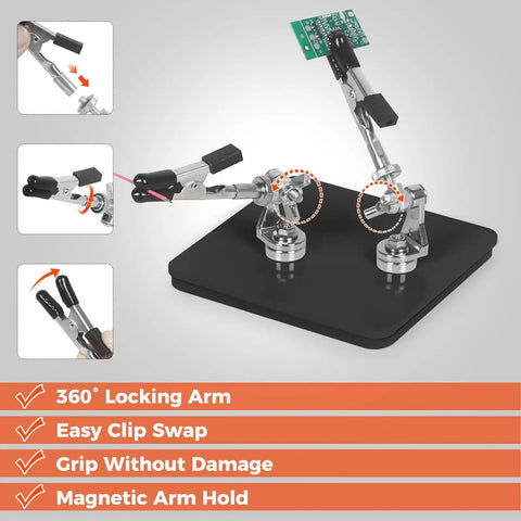 Helping Hands Soldering Station With Rock Solid Base Dual Magnetic Arms Adjustable Clamp Stand for electronics projects.