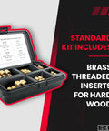 Hardwood Threaded Insert Assortment Kit With Brass Inserts 6-32 To 3/8-16 for wood repair, open case displaying contents.