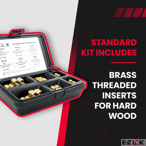 Hardwood Threaded Insert Assortment Kit With Brass Inserts 6-32 To 3/8-16 for wood repair, open case displaying contents.