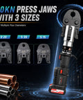 18V Electric Copper Pipe Crimping Tool Kit With Brushless Motor Hydraulic Press showing 60kN press jaws and three sizes for multiple pipe diameters.