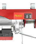110V Electric Hoist Winch With Wireless Remote Lifts 880 Lbs Heavy Duty Wire Rope close-up view with specifications.