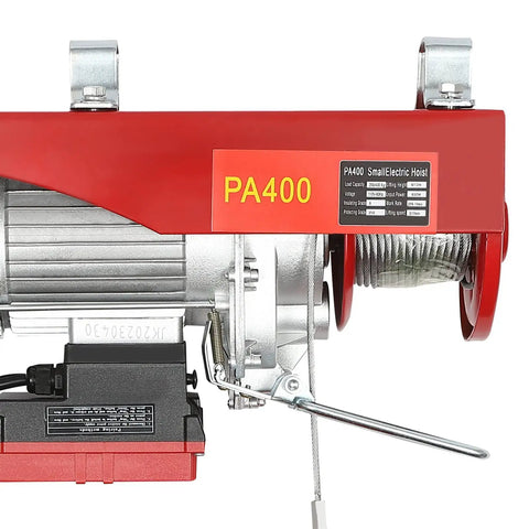 110V Electric Hoist Winch With Wireless Remote Lifts 880 Lbs Heavy Duty Wire Rope close-up view with specifications.