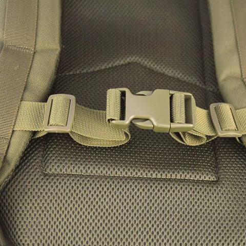 Close-up of 2 Pack Adjustable Backpack Straps With Retractable Buckles For Outdoor Travel Hiking Camping And Jogging Gear Heavy Duty Nylon Quick Dry Easy Replacement Army Green installed on a backpack.
