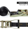 Two Pack 2 Inch Endless Ratchet Straps, 20 Feet Long, heavy duty tie down strap with measurements and close-up of ratchet mechanism.