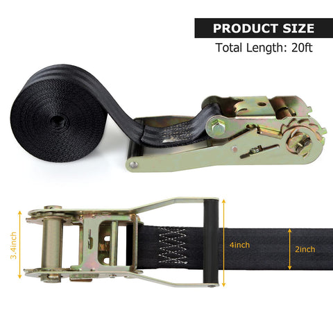 Two Pack 2 Inch Endless Ratchet Straps, 20 Feet Long, heavy duty tie down strap with measurements and close-up of ratchet mechanism.