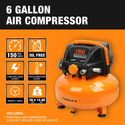 Built Like A Bulldog Six Gallon Pancake Air Compressor With Dual Quick Connect Couplers One Fifty Psi Oil Free Electric Engine