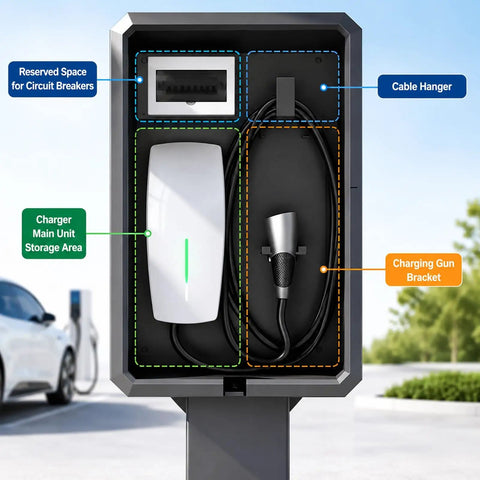 Tough as Nails EV Charger Enclosure Outdoor Pedestal with storage for charger and cable hanger for organization.