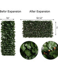Expandable Fence Privacy Screen For Balcony And Patio With Double Sides Faux Ivy Fencing Panel 16 Inch Tall And 45 Inch Closed Expands To 92 Inch Wide Outdoor Backyard Decor FSC Certified Willow Frame No Fuss Garden Backdrop showing before and after expansion with detailed close-ups.